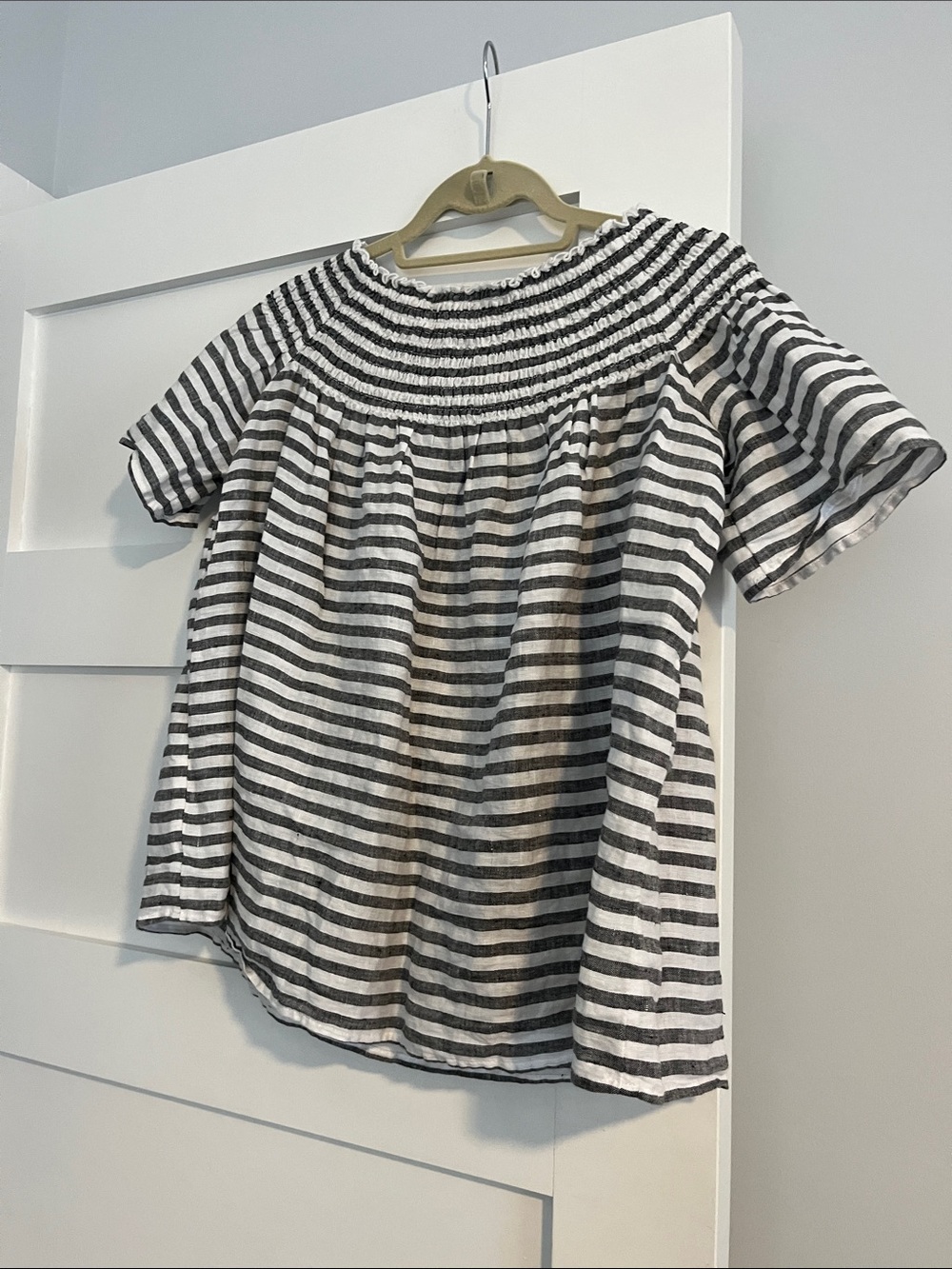 C&C California Linen Striped Smocked Off Shoulder Short Sleeve Top - 100% linen